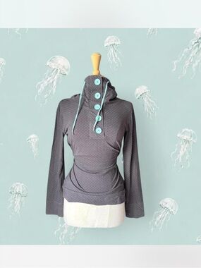Novita Gray Long Sleeve Hoodie with Teal polka dots and Button Accents